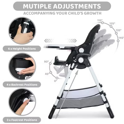 TODECARE Foldable Baby High Chair for Toddlers, Adjustable Height, Recline, Storage Basket, Double Trays, Gift for Babies