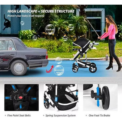 Kinder King Meno V 3 in 1 Reversible Baby Stroller w/Detachable Tray, Adjustable Canopy, Suspension Wheels