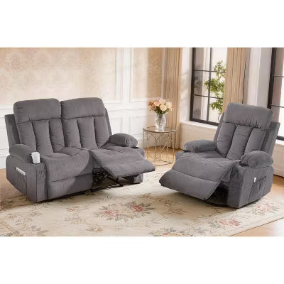 BOSMILLER Manual Recliner Sofa Set, 2 Piece Reclining Living Room Furniture Sets with Cup Holders for Home Theater, Office (Grey, Loveseat+Chair)