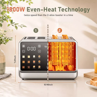 Teendow Touch Screen Toaster 4 Slice, 1800W Stainless Steel Digital Smart Toaster with Dual Controls, 6 Shade Levels for Bagels, Bread, and Pastries