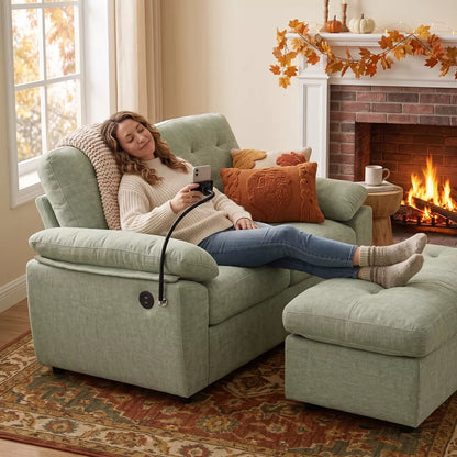 Double Recliner Sofa with Ottoman Manual Loveseat Recliner with USB Charging Port Phone Holder Soft Cushions for Living Room Apartment