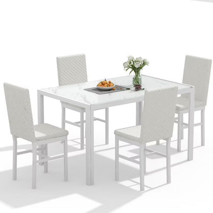 Hooseng Modern Luxurious Style 5/7 Piece Dining Room Table Set, Tempered Glass Top Dining Table Set for 4/6, Metal Frame And Upholstered Dining Chairs