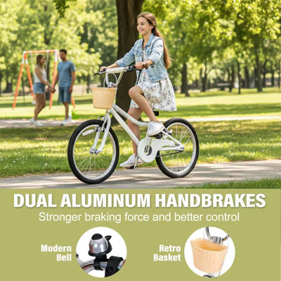 Hykolity Kids Bike 20 Inch for 6-12 Years Old Girls Bicycle with Basket and Kickstand, Tween Retro Style Childrens Bike for Teen Girls white