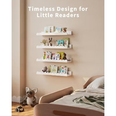 4-Pack White Scalloped Kids Floating Shelves, Wall Mount Book Display Storage for Nursery Bedroom