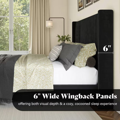 AMERLIFE Velvet Upholstered Platform Bed with Vertical Channel Tufted Headboard/Wingback