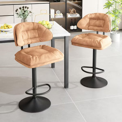 Hooseng Upholstered Bar Stool Set of 2, Liftable Counter Height Bar Stools with Black Metal Legs, Backrest and Footrest
