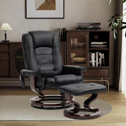 Bosmiller Massage Recliner with Ottoman Swivel Wood Base, Adjustable Recline, Faux Leather Lounge Chair with Footrest for Living Room and Bedroom