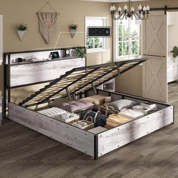 AMERLIFE Lift Up Storage Bed Frame with Lifting Storage & Charging Station