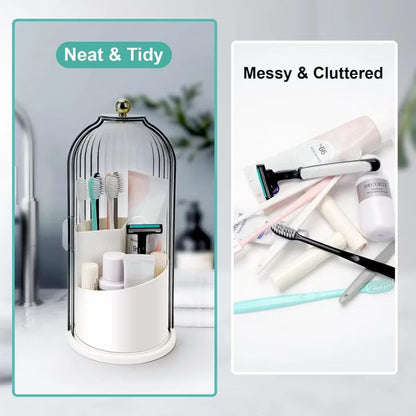 360 Rotating Clear Dustproof Waterproof 3 Slots Bathroom Countertop Organizer Covered Toothbrush Holder (White)