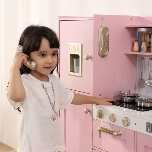 Kinder King Pretend Play Kitchen Wooden Toy Set for Kids with Sounds, Utensils, Oven & Microwave, Role Play Gift for Boys and Girls Age 3+