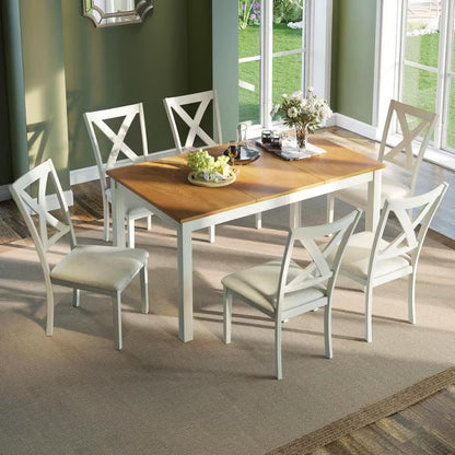 AMERLIFE 60" Space Saving 7-Piece Farmhouse Solid Wood Dining Table Set with 6 Upholstered Chairs, Brown & White
