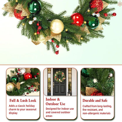 Romswi 24in Pre-Lit Artificial Christmas Wreath Realistic PE PVC Ornaments Battery-Powered Holiday Decoration with Timer LED Lights for Front Door