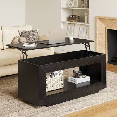 WOWLIVE Rectangle Lift Top Coffee Table with Storage, 2-Tier Living Room Tables, Brown