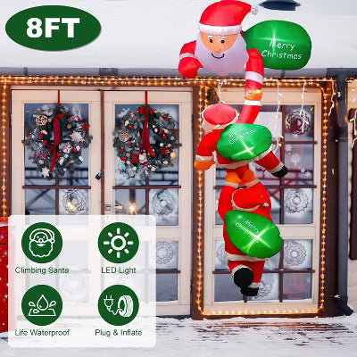 8FT Climbing Inflatable Santa Claus with Light Hanging Blow Up Christmas Inflatable Indoor Outdoor Christmas Decorations 3 Santa Claus 3 Merry Christm