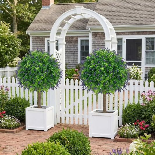 2 PCS Artificial Boxwood and Lavender Topiary Ball with Ground Spike UV Resistant & Fade-Proof Faux Shrub for Outdoor Indoor & Pathway Decor