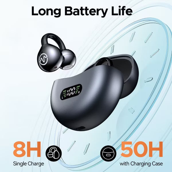 VEAT00L Open-Ear Clip On Earbuds, 68H Playtime, Digital Display Case, Lightweight, Stable Fit, Safe Design for Active & Office Use