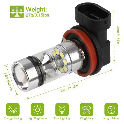 2-Pack H8/H9/H11 LED Fog and DRL Bulbs, 6000K White Light, 1000 Lumens and 360-Degree Beam, IP65 Water-Resistant Design