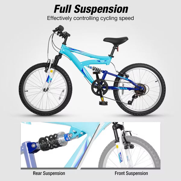 Hykolity Kids Mountain Bike 24 inch MTB Bicycle Age 8-14 Years Height 56-66 in Tween Cycling Full Suspension Sport Outdoor Bikes - Blue
