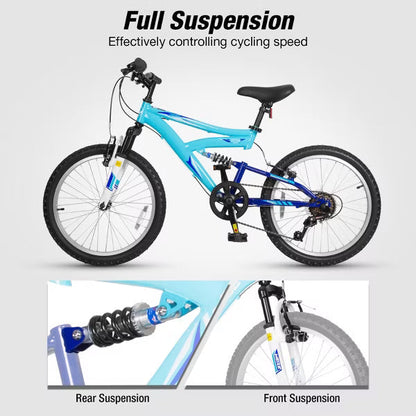 Hykolity Kids Mountain Bike 24 inch MTB Bicycle Age 8-14 Years Height 56-66 in Tween Cycling Full Suspension Sport Outdoor Bikes - Blue