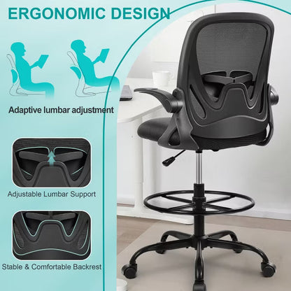 KERDOM Drafting Chair Tall Office Chair with Flip-up Armrests Executive Ergonomic Computer Chair, Black