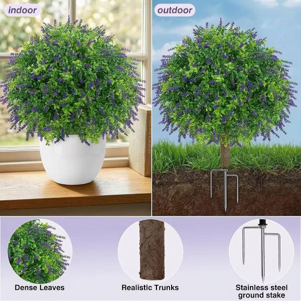 2 PCS Artificial Boxwood and Lavender Topiary Ball with Ground Spike UV Resistant & Fade-Proof Faux Shrub for Outdoor Indoor & Pathway Decor