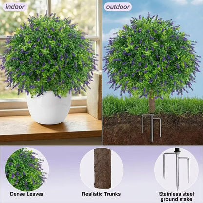 2 PCS Artificial Boxwood and Lavender Topiary Ball with Ground Spike UV Resistant & Fade-Proof Faux Shrub for Outdoor Indoor & Pathway Decor