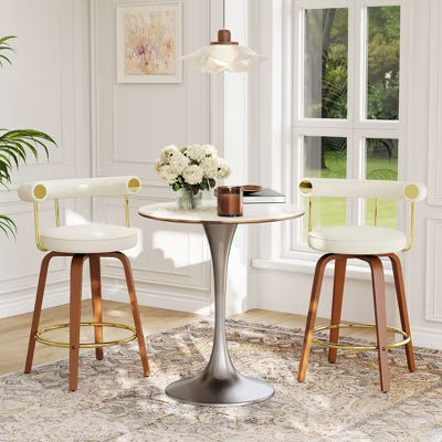 Swivel Bar Stools Set of 2, Mid-Century Counter Height Chairs with Curved Backrest and Solid Wood Leg
