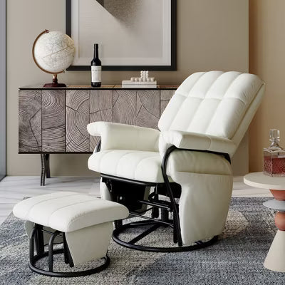 White Swivel Rocking Glider Chair with Ottoman, Water-proof Faux Leather Ergonomic Nursing Glider for Nursery and Bedroom
