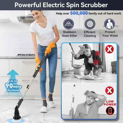 TASVAC EB5 Electric Spin Scrubber, 450RPM Cordless Shower Cleaner with 5 Replaceable Cleaning Heads and Adjustable Extension Arm
