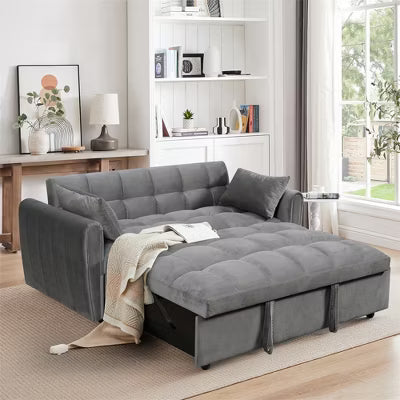 ELJGET 65" 3-in-1 Foldable Large Sofa Bed, Modern Velvet Adjustable Backrest Double Sofa for Living Room & Bedroom, Gray