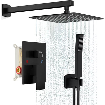 Rainfall Shower System with Handheld Shower Head, 10-Inch Rain Shower, Pressure Balance Valve and Metal Trim Kit, Black