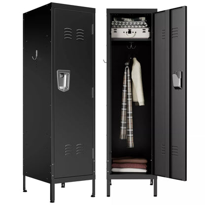 VIYET 55" Metal Wardrobe Cabinet, Narrow Steel Clothing Storage with Lock, Ventilated Door & Side Hooks, Bedroom Closet, Black