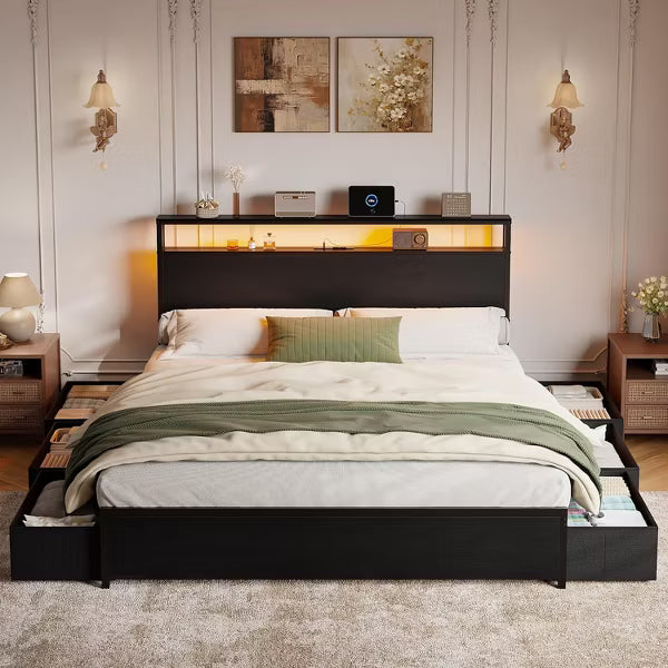 Qwatto Queen Bed Frame 6 Drawers Storage Headboard LED Lights Charging Station Metal Platform Bed Black No Box Spring Needed Noise Free 2 Tier Shelf