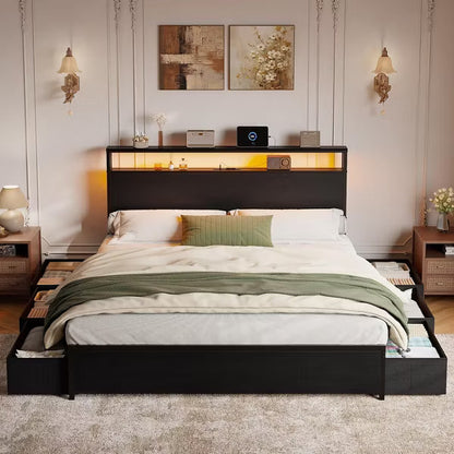 Qwatto Queen Bed Frame 6 Drawers Storage Headboard LED Lights Charging Station Metal Platform Bed Black No Box Spring Needed Noise Free 2 Tier Shelf