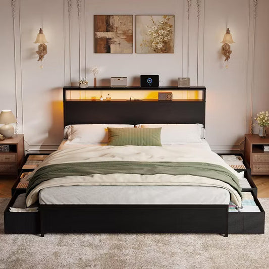 Qwatto Queen Bed Frame 6 Drawers Storage Headboard LED Lights Charging Station Metal Platform Bed Black No Box Spring Needed Noise Free 2 Tier Shelf