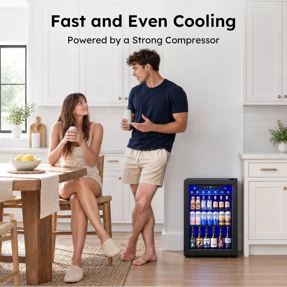 Simzlife 2.6 cu. ft./100 Cans Beverage Refrigerator, Mini Cooler with Blue LED, Digital Control, Air Cooled Frost Free, Black