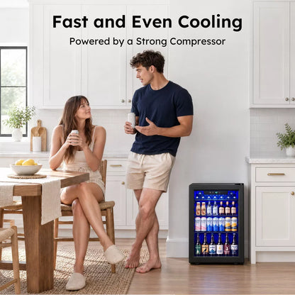Simzlife 2.6 cu. ft./100 Cans Beverage Refrigerator, Mini Cooler with Blue LED, Digital Control, Air Cooled Frost Free, Black