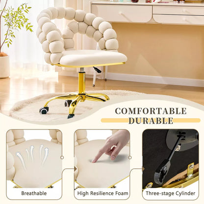 Modern Velvet Adjustable Swivel Office Chair with Bubble Back, Padded Vanity Chair with Gold Metal Base, for Office, Bedroom, Makeup Room, Beige