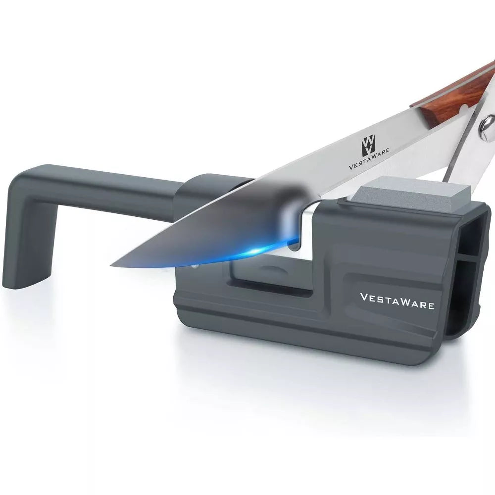 3-in-1 Knife Sharpeners - Foldable Handle, Gray - Blade and Scissor Sharpening Tool with Sharpener Stone