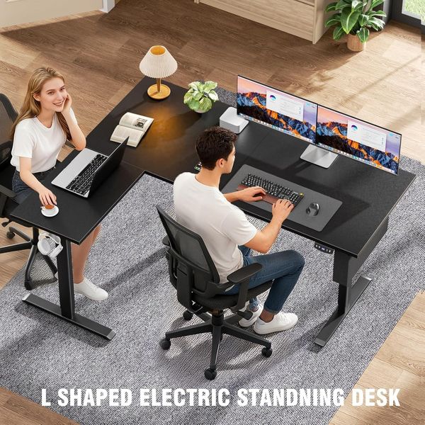 Qwatto 63'' L Shaped Electric Standing Desk Sit to Stand Reversible Corner Desk Adjustable Height Computer Table Memory Presets Home Office Gaming