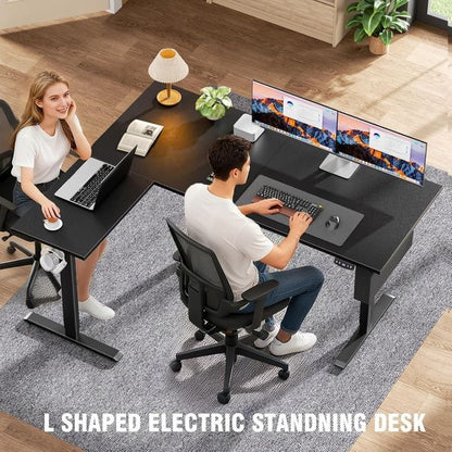 Qwatto 63'' L Shaped Electric Standing Desk Sit to Stand Reversible Corner Desk Adjustable Height Computer Table Memory Presets Home Office Gaming