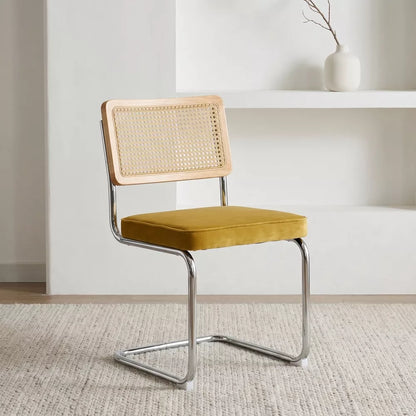 Rattan Dining Chairs Set of 2, Modern Kitchen Chairs with Solid Wood Back & Chrome Base, Upholstered Velvet Fabric for apartment,Dorm Room