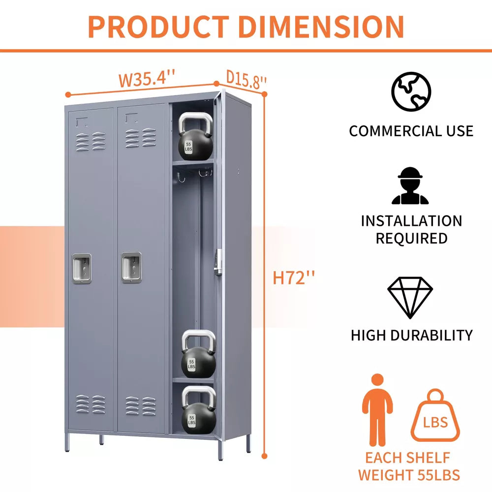 VIYET 72" Metal Storage Locker, 3 Door Lockable Employee Locker Cabinet, Freestanding Steel Locker for Office, School, Gym