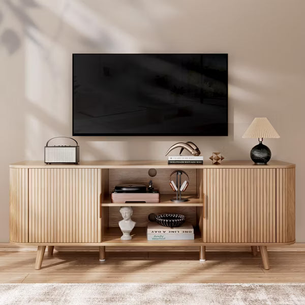Qwatto 55'' Tambour Door TV Stand Oak Wood Media Cabinet for 65 In TV Arc Curved Edge Design Mid Century Modern Console with Open Shelves living room