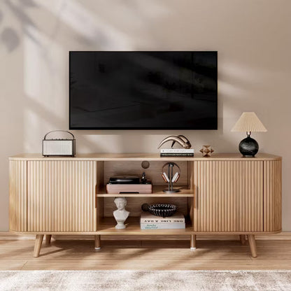Qwatto 55'' Tambour Door TV Stand Oak Wood Media Cabinet for 65 In TV Arc Curved Edge Design Mid Century Modern Console with Open Shelves living room