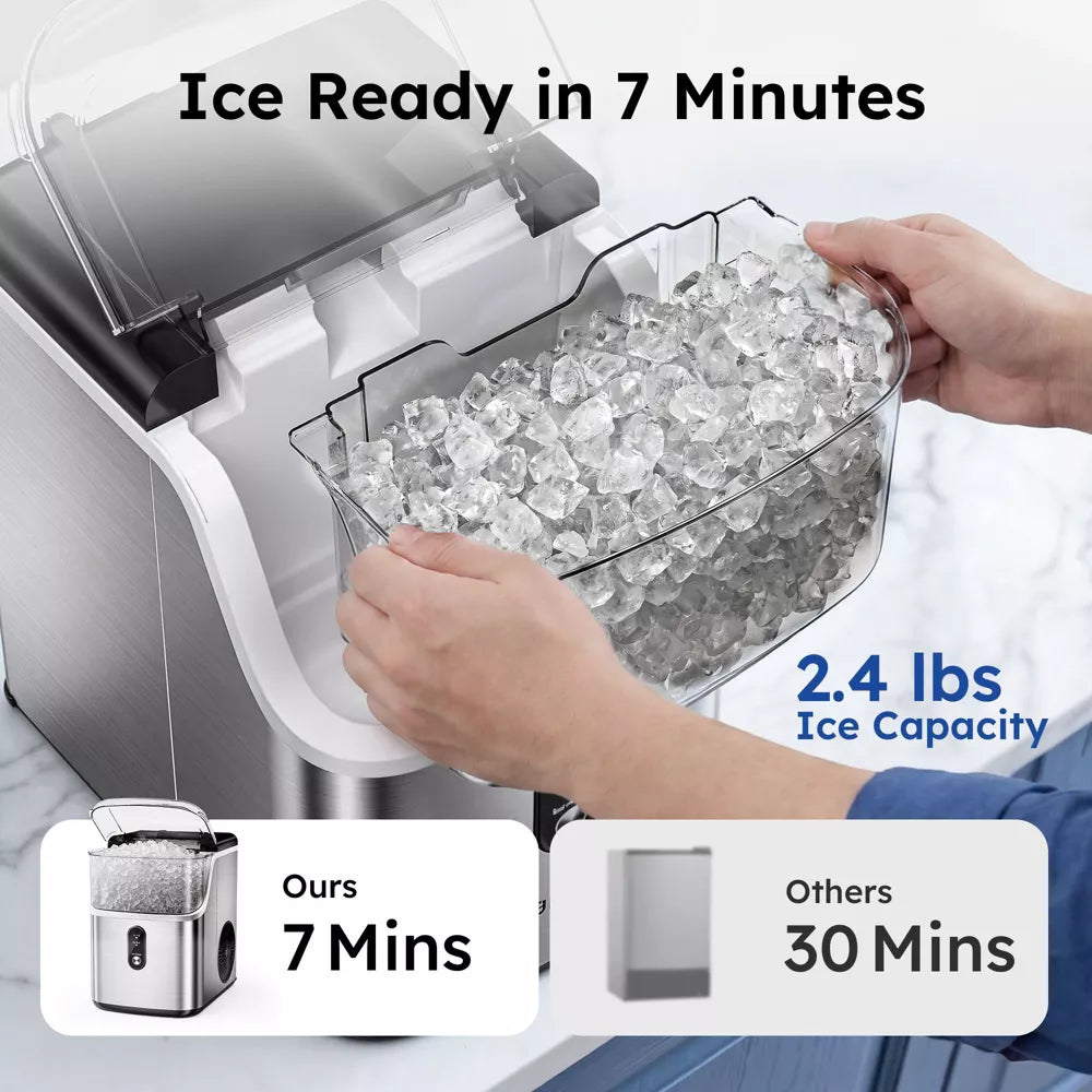 Simzlife 35 Lbs. Nugget Ice Maker Countertop, Stainless Steel Portable Ice Machine, Self-Cleaning, Silver