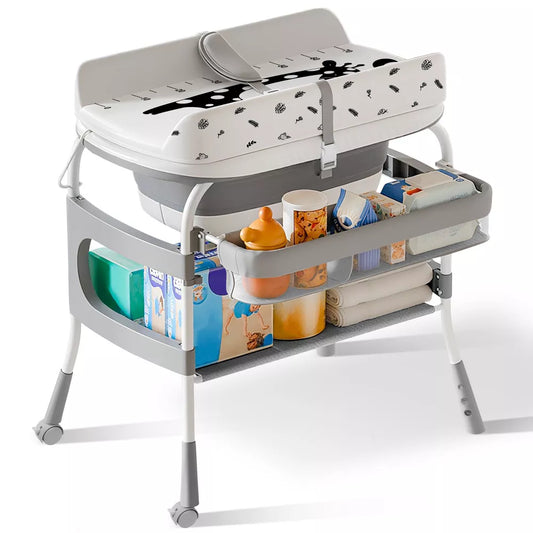 Kmaier 2-in-1 Baby Changing Table and Bath Tub,Foldable Design and Storage for Newborn Care-Light-Grey