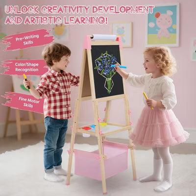 TODECARE Kids 3-in-1 Adjustable Kids Art Easel with Magnetic Whiteboard, Chalkboard, Paper Roll and Storage, Pink