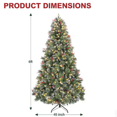 VIVATREES 6 Ft Prelit Snow Flocked Christmas Tree with Red Berries Partially Frosted Xmas Pine Tree 956 PVC Branch Tips 250 Warm White Lights