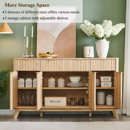 60" Buffet Sideboard Cabinet, Fluted Coffee Bar Table with 3 Drawers & 4 Doors, Modern Sideboard for Dining Room, Living Room